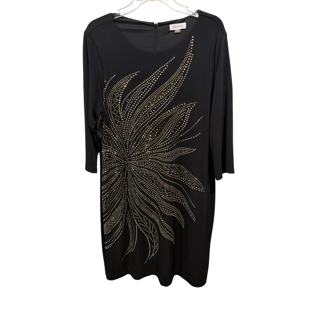 Calvin Klein Dress Black Studded Sunburst Sheath 3/4 Sleeve Plus 16W